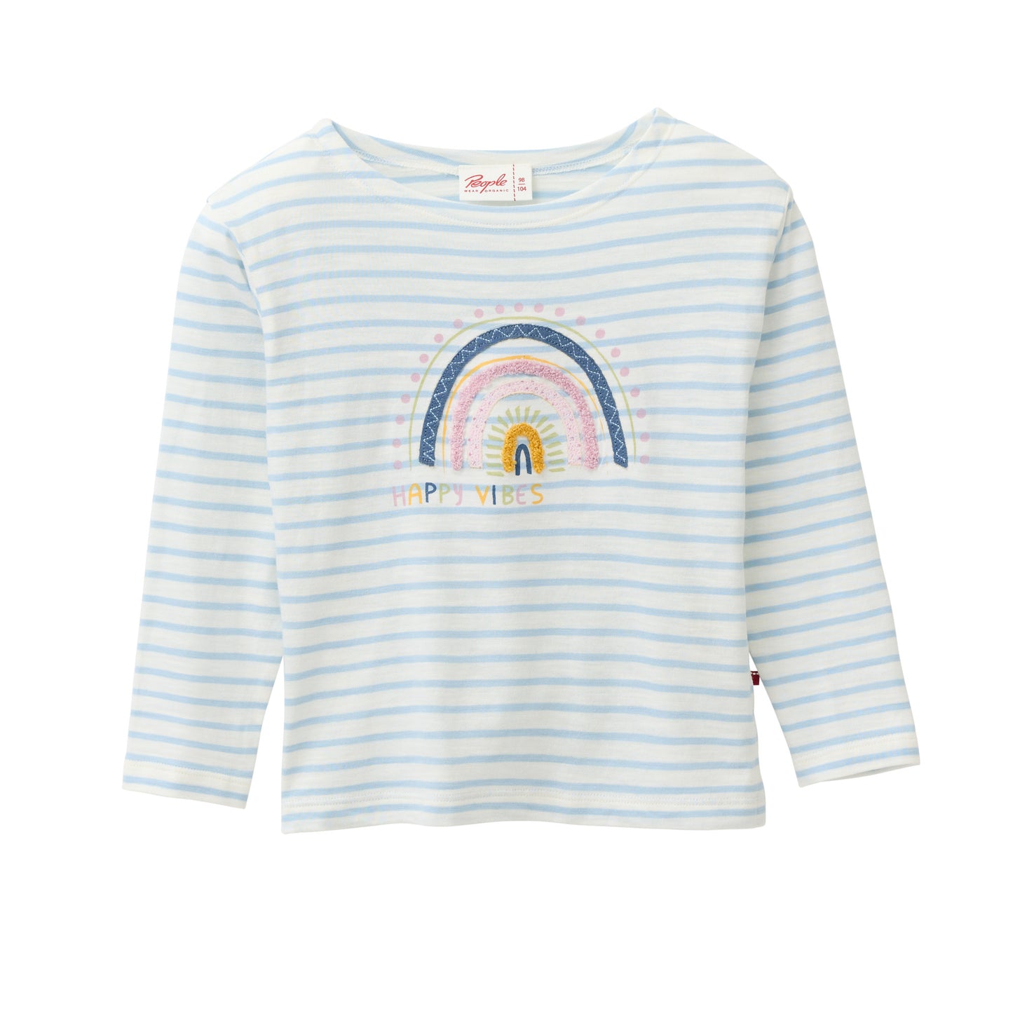Camiseta infantil de manga larga GOTS azul claro a rayas – algodón orgánico con arcoíris bordado