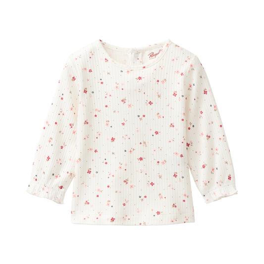 Camiseta manga larga niños algodón orgánico blanco /flores rosas