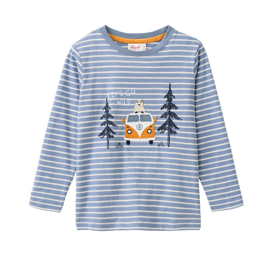 Camiseta manga larga niños algodón orgánico GOTS – Rayas azul humo