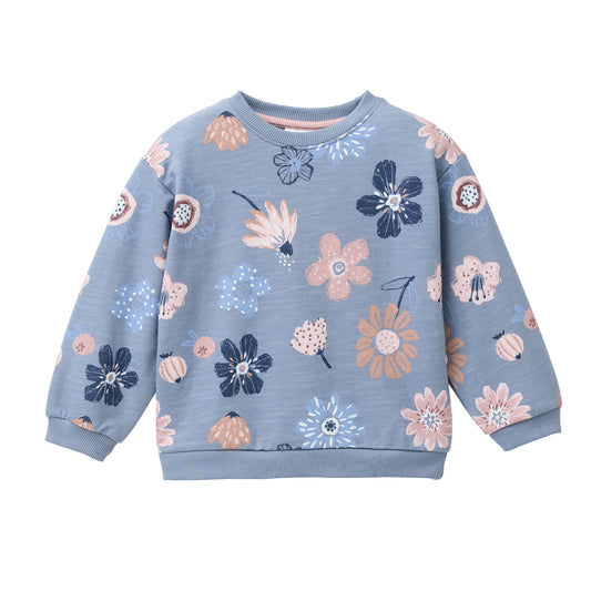 Sudadera niños algodón orgánico GOTS – Azul humo con estampado floral